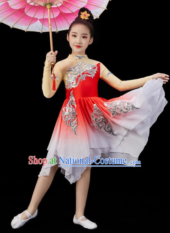 Chinese Umbrella Dance Clothing Children Dance Red Dress Stage Performance Garment Costumes Classical Dancewear