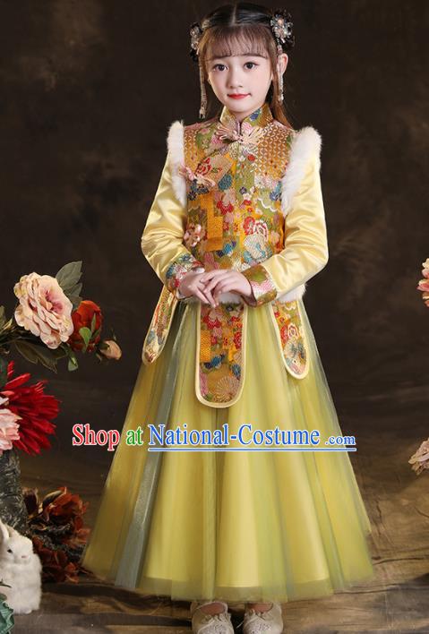 Chinese Children New Year Clothing Classical Dance Yellow Dress Winter Garment Costumes Ancient Princess Attire