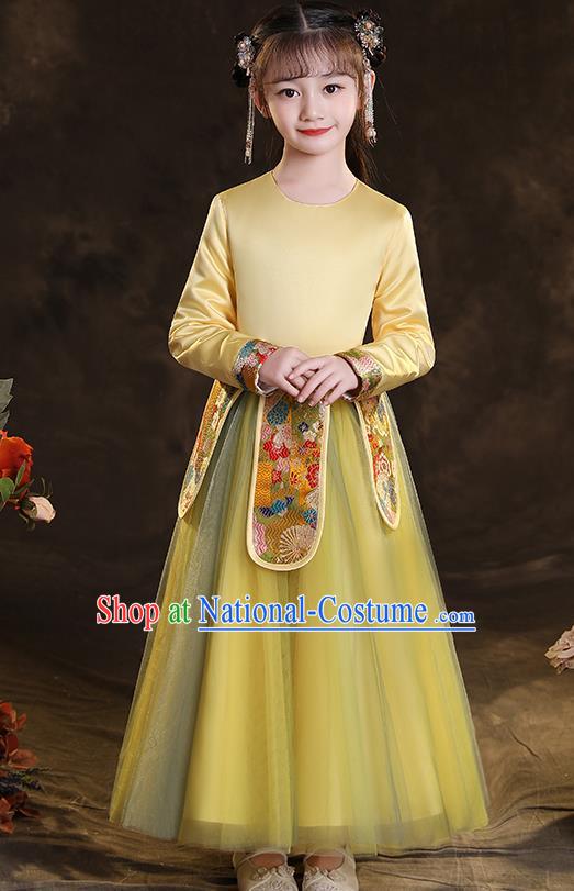 Chinese Children New Year Clothing Classical Dance Yellow Dress Winter Garment Costumes Ancient Princess Attire