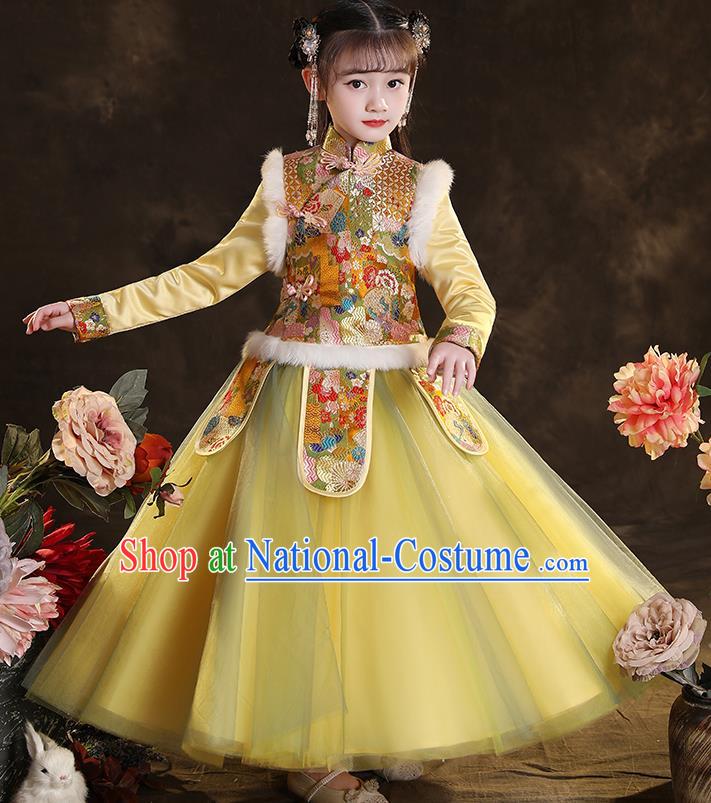 Chinese Children New Year Clothing Classical Dance Yellow Dress Winter Garment Costumes Ancient Princess Attire