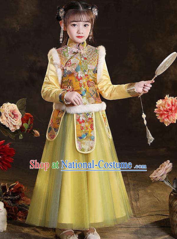 Chinese Children New Year Clothing Classical Dance Yellow Dress Winter Garment Costumes Ancient Princess Attire