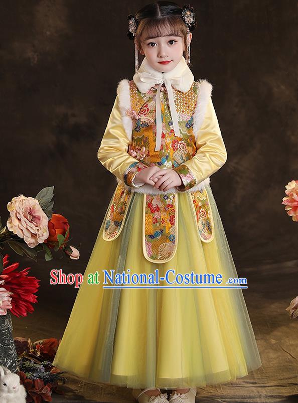 Chinese Children New Year Clothing Classical Dance Yellow Dress Winter Garment Costumes Ancient Princess Attire