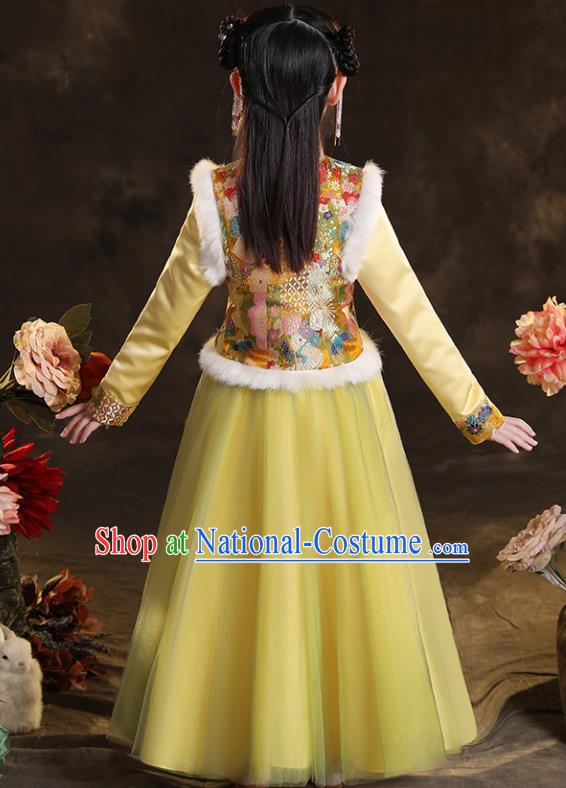 Chinese Children New Year Clothing Classical Dance Yellow Dress Winter Garment Costumes Ancient Princess Attire