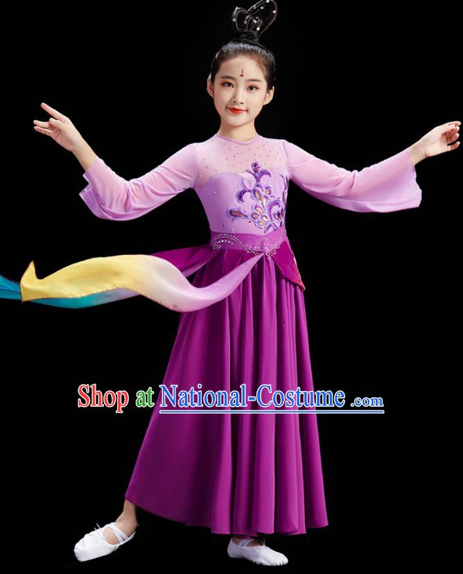 Chinese Stage Performance Purple Dress Fan Dance Garment Children Group Dance Clothing Umbrella Dance Costume