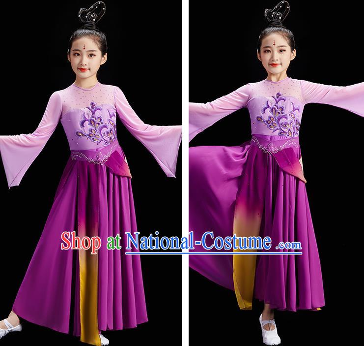 Chinese Stage Performance Purple Dress Fan Dance Garment Children Group Dance Clothing Umbrella Dance Costume