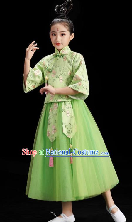 Chinese Children Group Dance Clothing Umbrella Dance Costume Stage Performance Green Dress Outfit Fan Dance Garment