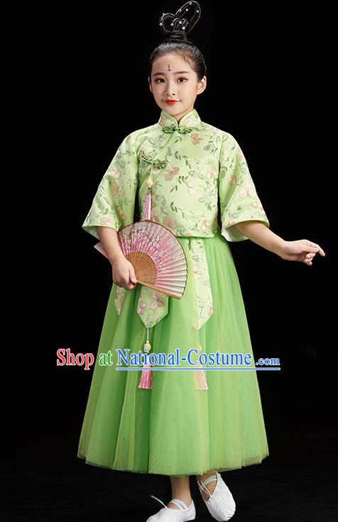 Chinese Children Group Dance Clothing Umbrella Dance Costume Stage Performance Green Dress Outfit Fan Dance Garment