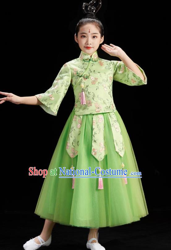 Chinese Children Group Dance Clothing Umbrella Dance Costume Stage Performance Green Dress Outfit Fan Dance Garment