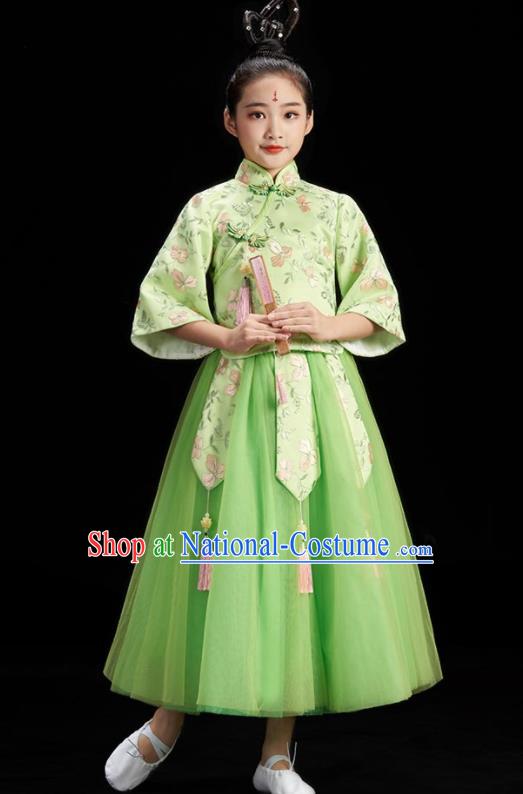 Chinese Children Group Dance Clothing Umbrella Dance Costume Stage Performance Green Dress Outfit Fan Dance Garment