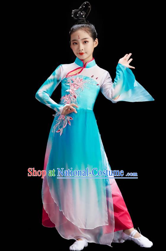 Chinese Fan Dance Uniform Children Group Dance Clothing Umbrella Dance Costume Stage Performance Blue Dress