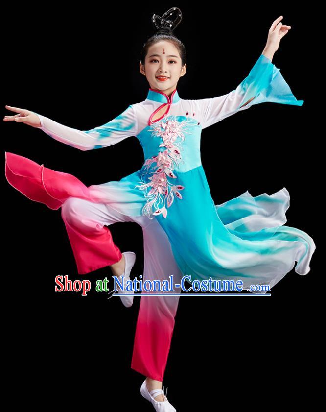 Chinese Fan Dance Uniform Children Group Dance Clothing Umbrella Dance Costume Stage Performance Blue Dress