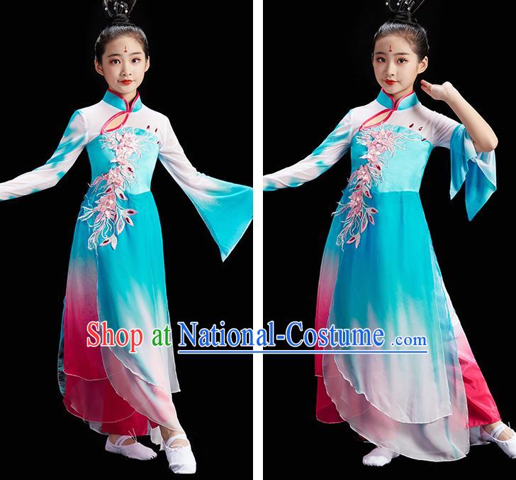 Chinese Fan Dance Uniform Children Group Dance Clothing Umbrella Dance Costume Stage Performance Blue Dress