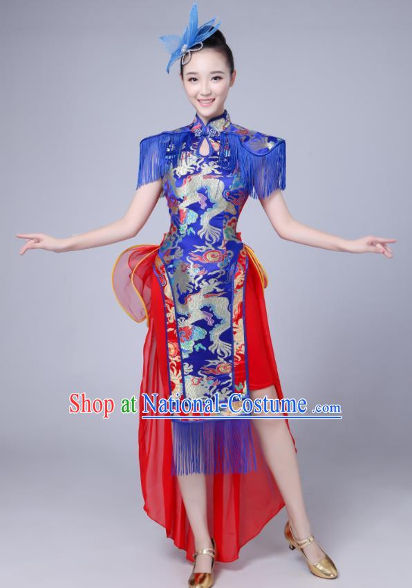 China Drum Dance Attires Fan Dance Garment Costume Folk Dance Royal Blue Qipao Dress Stage Performance Clothing