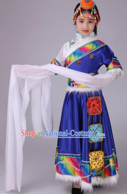 Chinese Zang Nationality Children Water Sleeve Outfits Ethnic Festival Costumes Tibetan Minority Folk Dance Royal Blue Dress Clothing