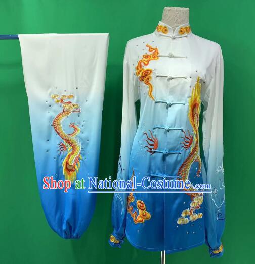 Chinese Traditional Tai Chi Competition Clothing Embroidered Dragon Gradient Blue Outfit Martial Arts Uniforms Kung Fu Costumes