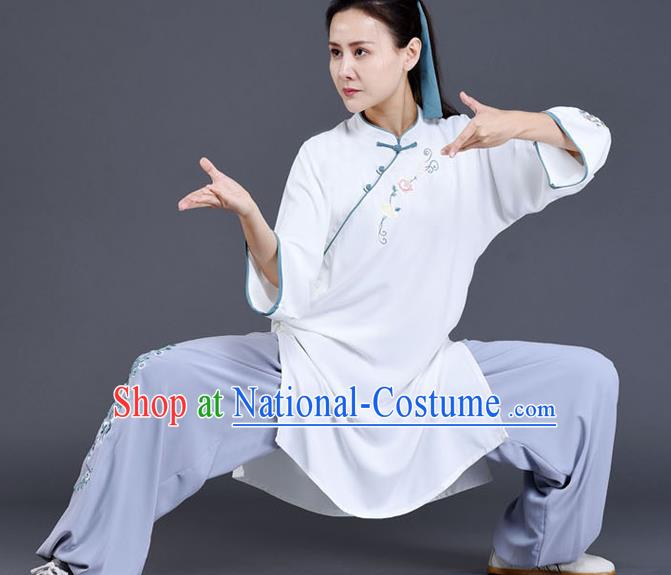 Chinese Tai Chi Training Costumes Tai Ji Chuan White Outfits Traditional Shadow Boxing Embroidered Clothing