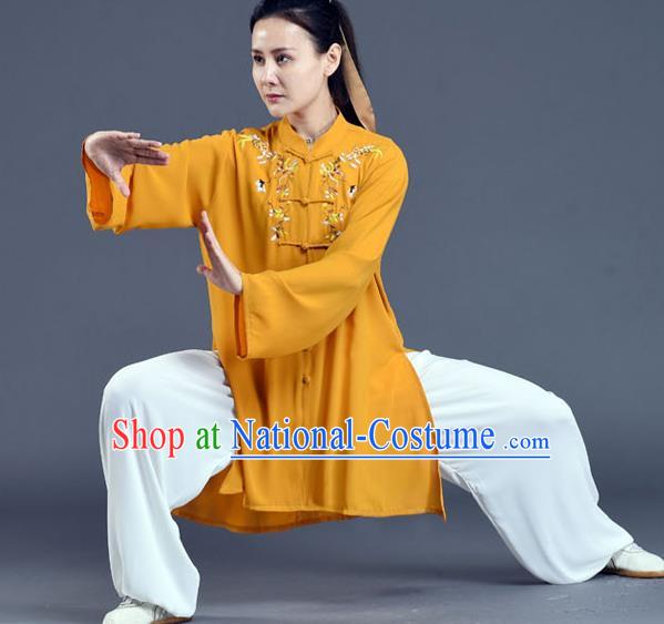 Chinese Tai Chi Training Clothing Tai Ji Chuan Competition Outfits Traditional Kung Fu Embroidered Ginger Shirt and White Pants