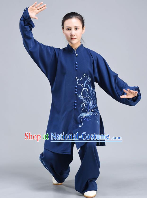 Chinese Traditional Kung Fu Embroidered Dark Blue Shirt and Pants Tai Chi Training Clothing Tai Ji Chuan Competition Outfits