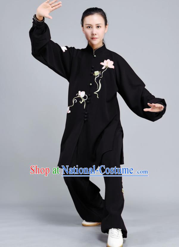 Chinese Tai Chi Training Clothing Tai Ji Chuan Competition Black Outfits Traditional Kung Fu Embroidered Lotus Shirt and Pants