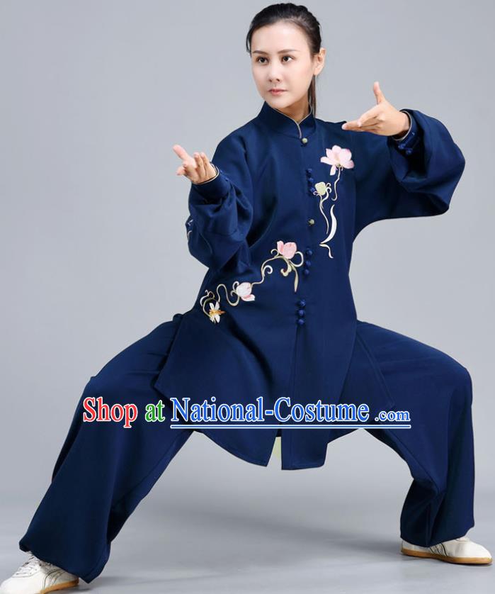 Chinese Traditional Embroidered Lotus Shirt and Pants Tai Chi Training Clothing Tai Ji Chuan Competition Midnight Blue Outfits