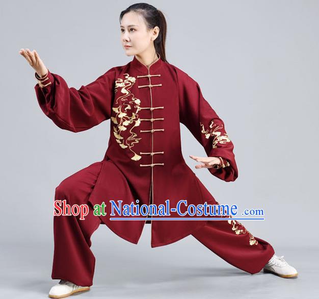 Chinese Tai Ji Chuan Training Maroon Outfits Traditional Embroidered Ginkgo Leaf Shirt and Pants Tai Chi Performance Clothing