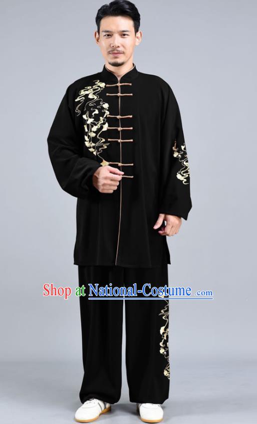 Chinese Tai Chi Performance Clothing Tai Ji Chuan Training Black Outfits Traditional Embroidered Ginkgo Leaf Shirt and Pants