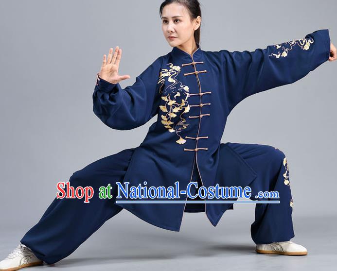 Chinese Traditional Embroidered Ginkgo Leaf Kung Fu Shirt and Pants Tai Chi Performance Clothing Tai Ji Chuan Training Midnight Blue Outfits