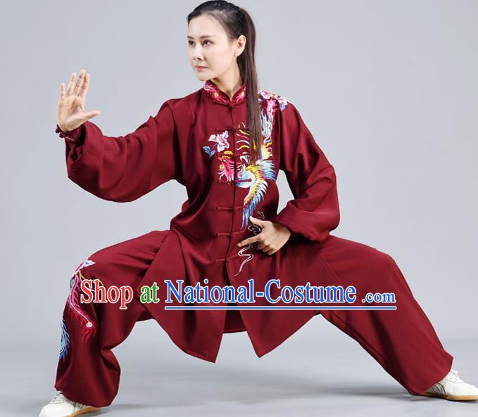 Chinese Tai Ji Chuan Training Maroon Outfits Traditional Embroidered Phoenix Shirt and Pants Tai Chi Kung Fu Clothing