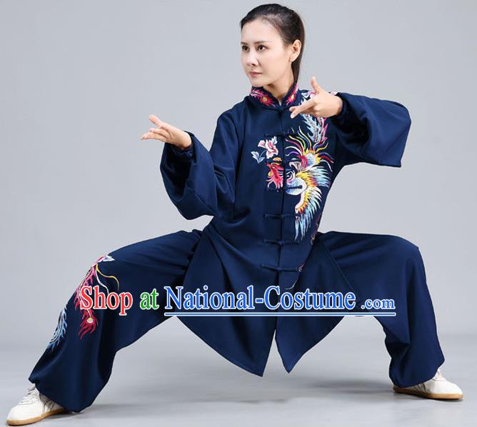 Chinese Tai Chi Kung Fu Clothing Tai Ji Chuan Training Midnight Blue Outfits Traditional Embroidered Phoenix Shirt and Pants