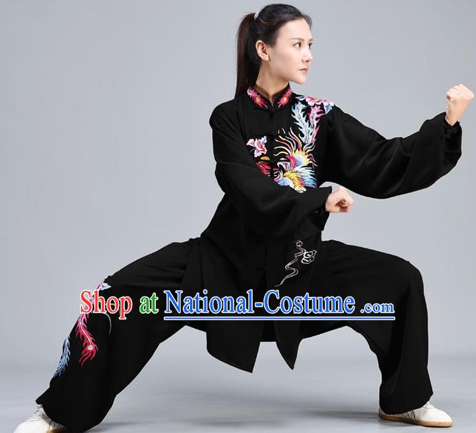 Chinese Traditional Embroidered Phoenix Shirt and Pants Tai Chi Kung Fu Clothing Tai Ji Chuan Training Black Outfits