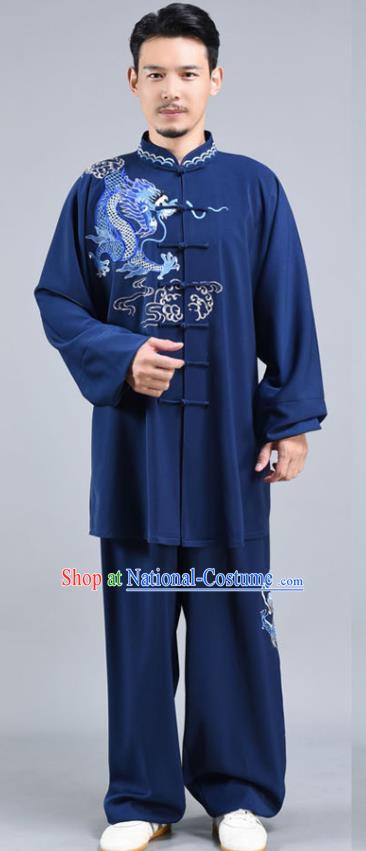 Chinese Tai Ji Performance Midnight Blue Outfits Traditional Embroidered Dragon Shirt and Pants Tai Chi Competition Clothing