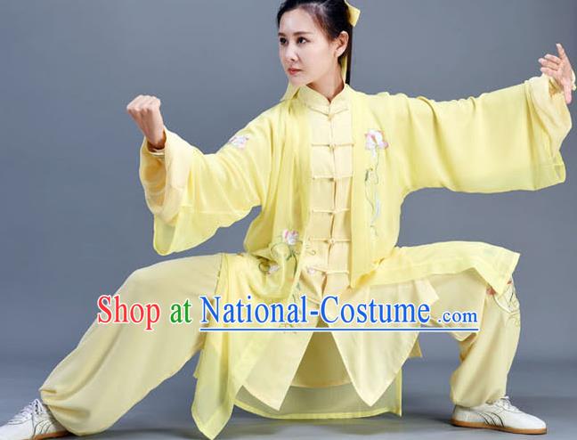 Chinese Tai Chi Competition Clothing Tai Ji Performance Yellow Outfits Traditional Kung Fu Garments Embroidered Lotus Uniform