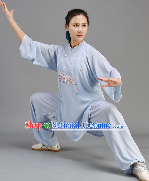 Chinese Traditional Kung Fu Two Pieces Set Embroidered Light Blue Uniform Tai Chi Performance Clothing Tai Ji Chuan Outfit