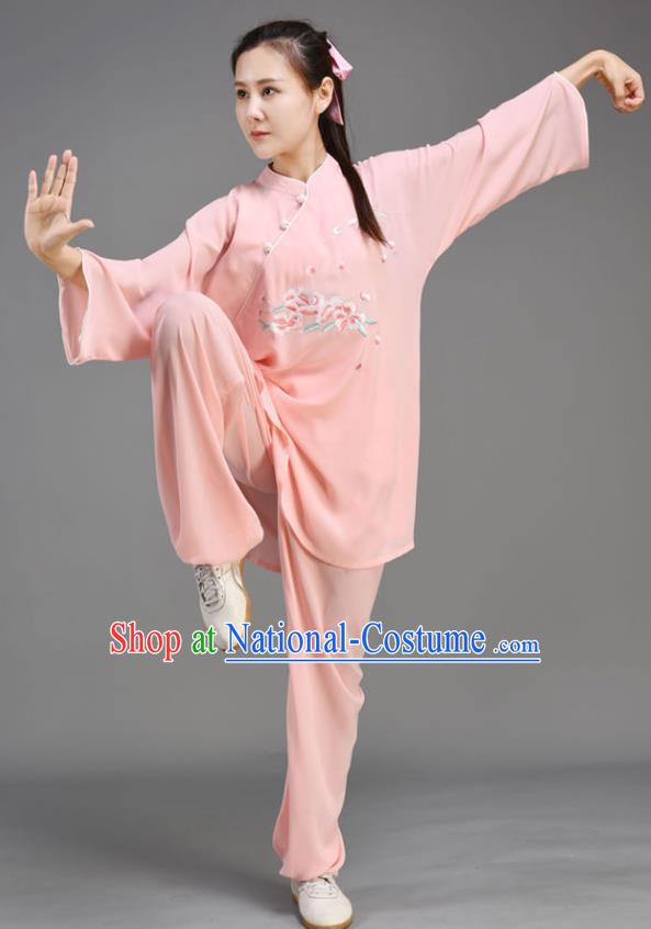 Chinese Tai Ji Chuan Outfit Traditional Kung Fu Two Pieces Set Embroidered Pink Uniform Tai Chi Performance Clothing