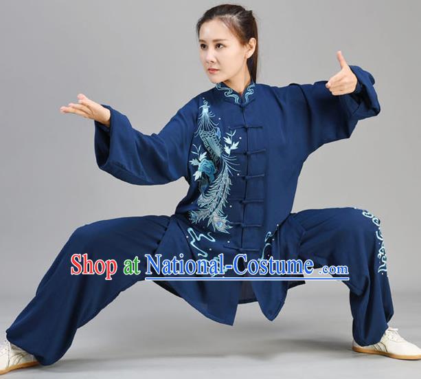 Chinese Tai Chi Performance Clothing Tai Ji Chuan Outfit Traditional Kung Fu Two Pieces Set Embroidered Midnight Blue Uniform