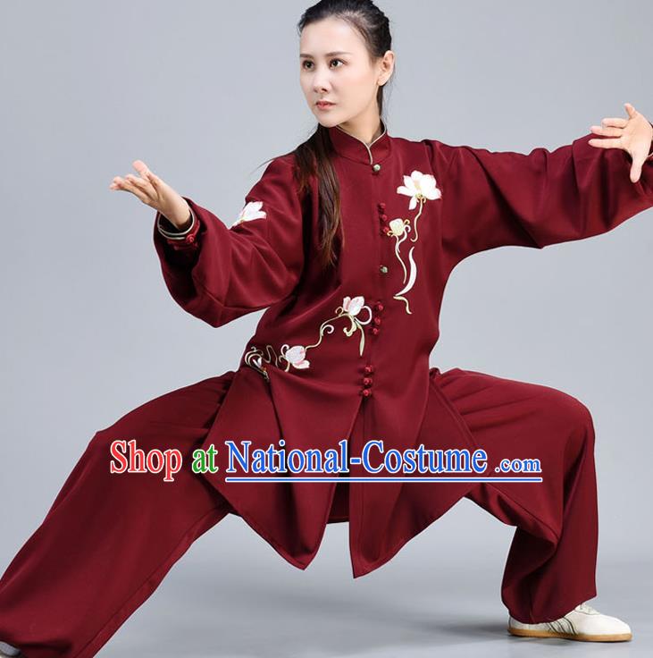 Chinese Tai Ji Chuan Competition Outfits Traditional Kung Fu Embroidered Lotus Shirt and Pants Tai Chi Training Maroon Clothing