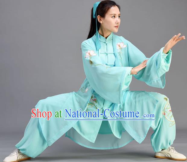 Chinese Embroidered Lotus Uniform Tai Chi Competition Clothing Tai Ji Performance Cyan Outfits Traditional Kung Fu Garments