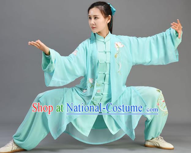 Chinese Embroidered Lotus Uniform Tai Chi Competition Clothing Tai Ji Performance Cyan Outfits Traditional Kung Fu Garments