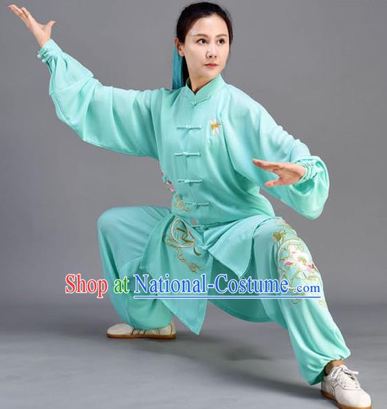 Chinese Embroidered Lotus Uniform Tai Chi Competition Clothing Tai Ji Performance Cyan Outfits Traditional Kung Fu Garments