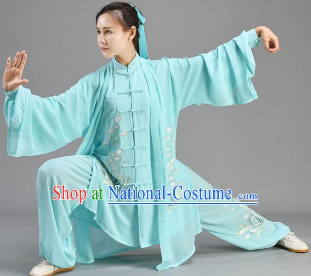 Chinese Embroidered Orchids Blue Uniform Tai Chi Performance Clothing Tai Ji Chuan Outfits Traditional Kung Fu Three Pieces Set