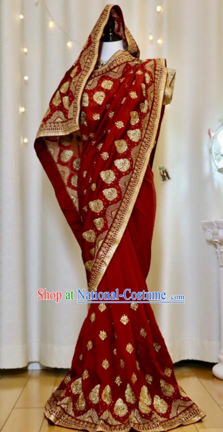 Indian Red Wedding Dress Bride Embroidered Clothing Traditional Garment Costumes India Sari