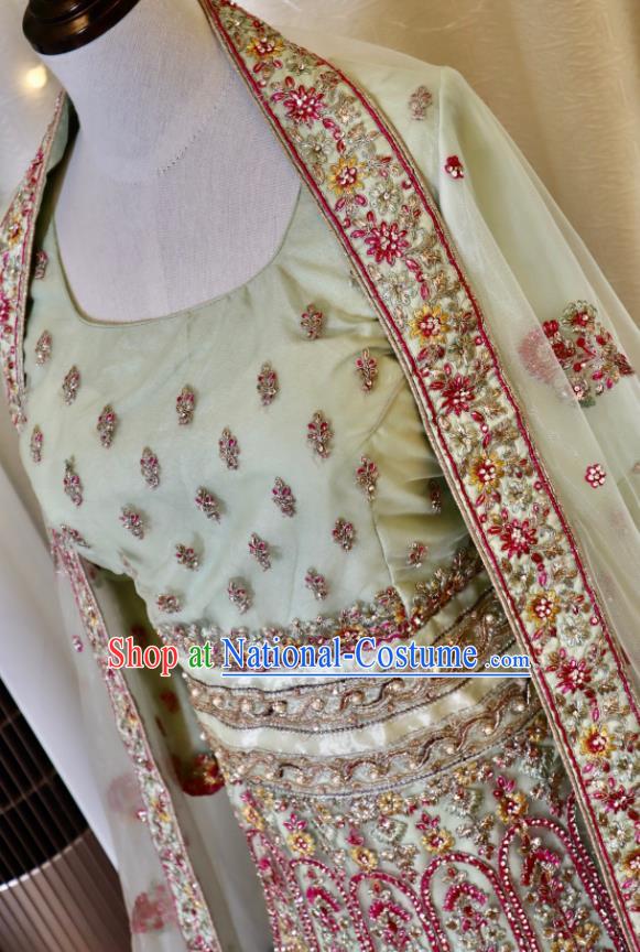 India Bride Embroidered Clothing Top Light Green Sari Asian Traditional Garment Costumes Indian Wedding Dress