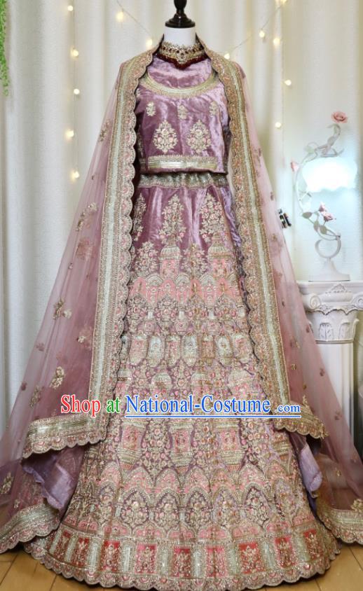 Indian Wedding Dress Top Embroidered Lilac Lengha Outfit India Bride Clothing Traditional Garment Costumes