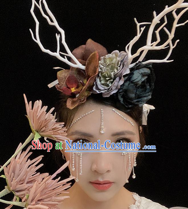 Handmade Branch Royal Crown Top Baroque Silk Flowers Headdress Party Headwear