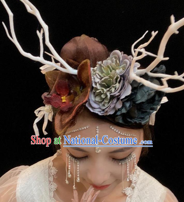 Handmade Branch Royal Crown Top Baroque Silk Flowers Headdress Party Headwear