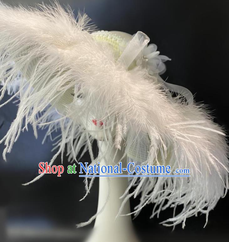 Handmade White Feather Top Hat Court Woman Headwear Catwalks Performance Headdress