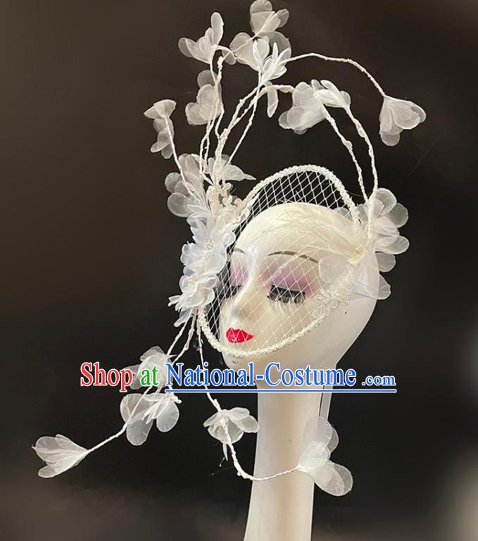 Baroque Style Silk Flowers Headwear Handmade Catwalks Performance Headdress White Mask Hat