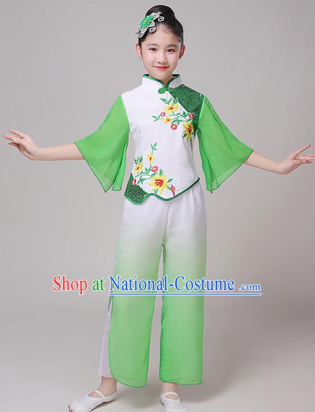 China Children Stage Performance Clothing Yangko Dance Green Uniform Fan Dance Garment Costume Folk Dance Dress