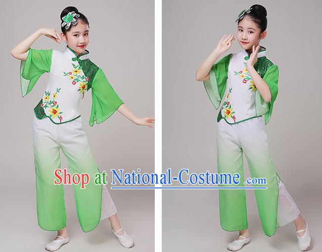 China Children Stage Performance Clothing Yangko Dance Green Uniform Fan Dance Garment Costume Folk Dance Dress