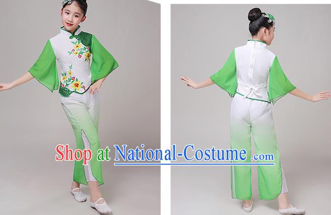 China Children Stage Performance Clothing Yangko Dance Green Uniform Fan Dance Garment Costume Folk Dance Dress